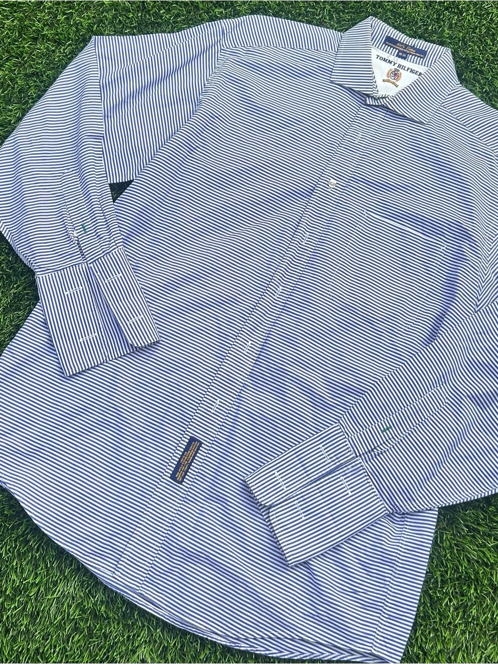 Tommy Hilfiger Blue and White Pinstripe Dress Shirt